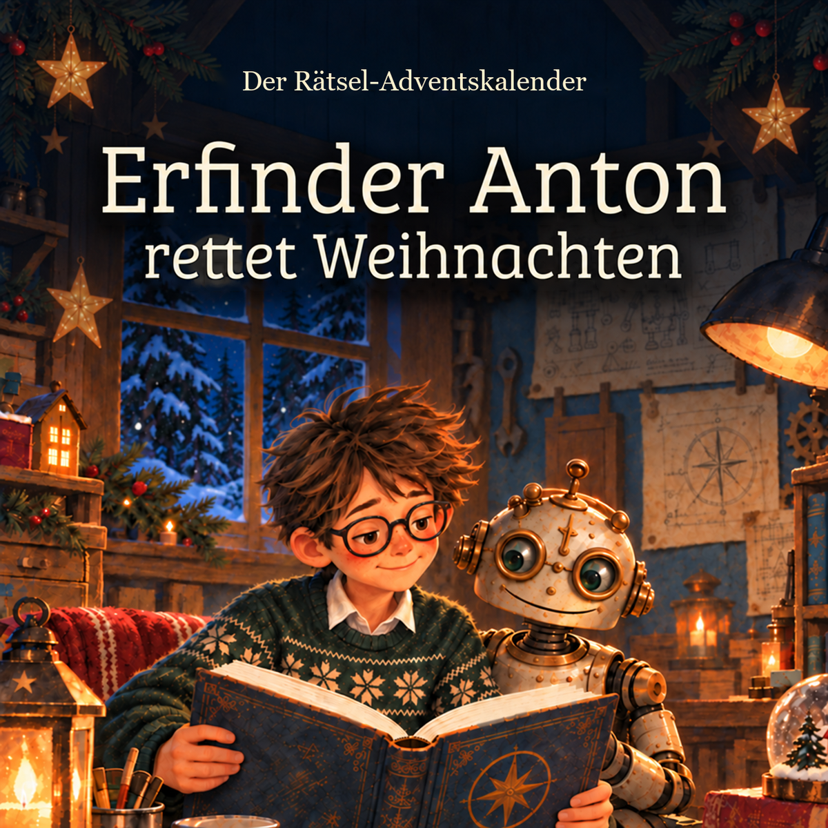 Titelbild „Erfinder Anton rettet Weihnachten“: Anton und sein Roboter lesen in einer winterlichen Werkstatt – KI-generierte Illustration.