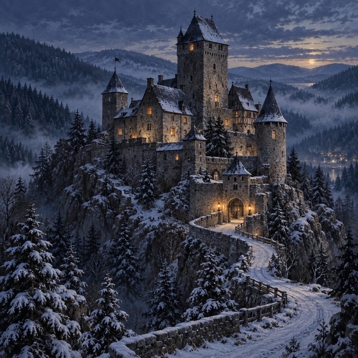 Burg Schattenfels im verschneiten Wald bei Abenddämmerung – KI-generierte Illustration zum Rätsel-Adventskalender Das Geheimnis der Geisternonne