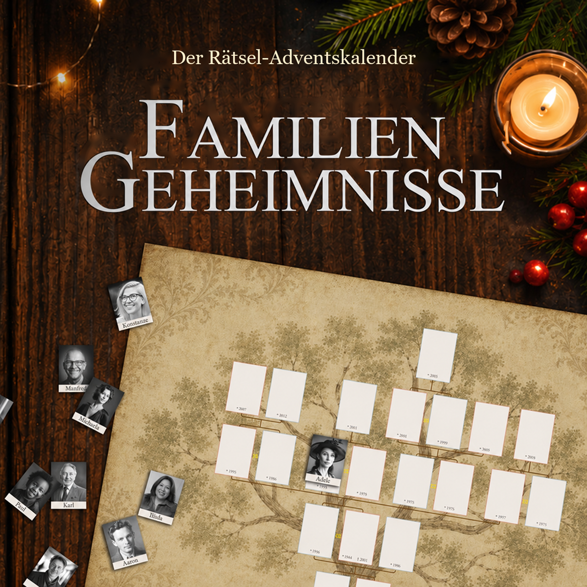 Titelbild „Familiengeheimnisse“ mit Stammbaum, Porträtkarten und Kerzenlicht – KI-generierte Illustration.