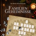 Titelbild „Familiengeheimnisse“ mit Stammbaum, Porträtkarten und Kerzenlicht – KI-generierte Illustration.
