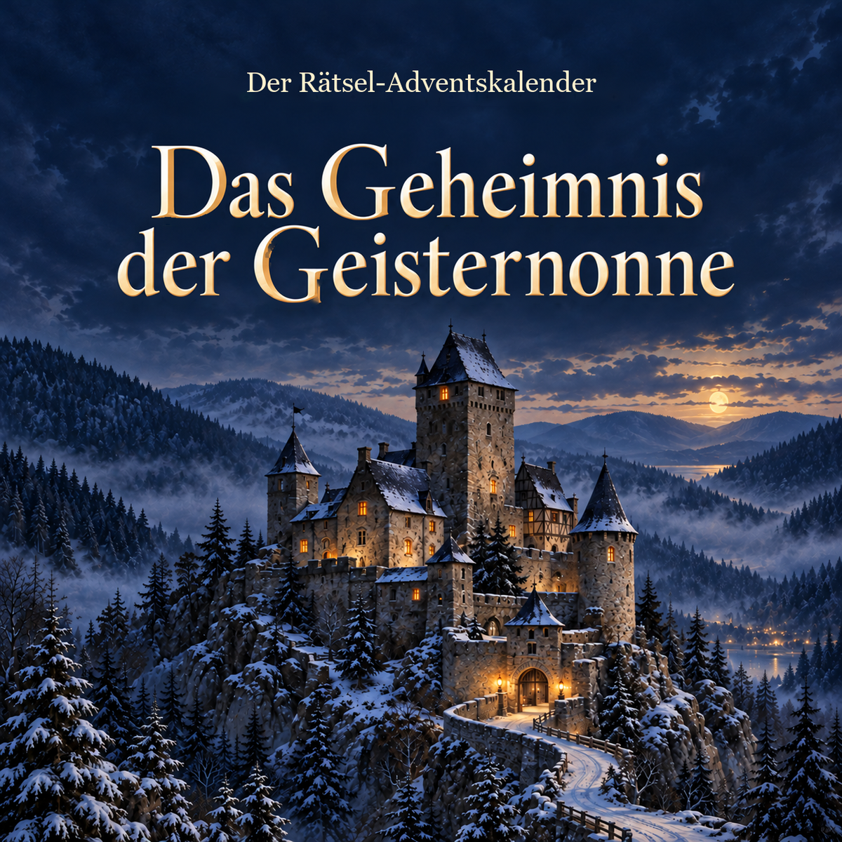 Titelbild „Das Geheimnis der Geisternonne“: Burg Schattenfels in einer verschneiten Berglandschaft – KI-generierte Illustration.