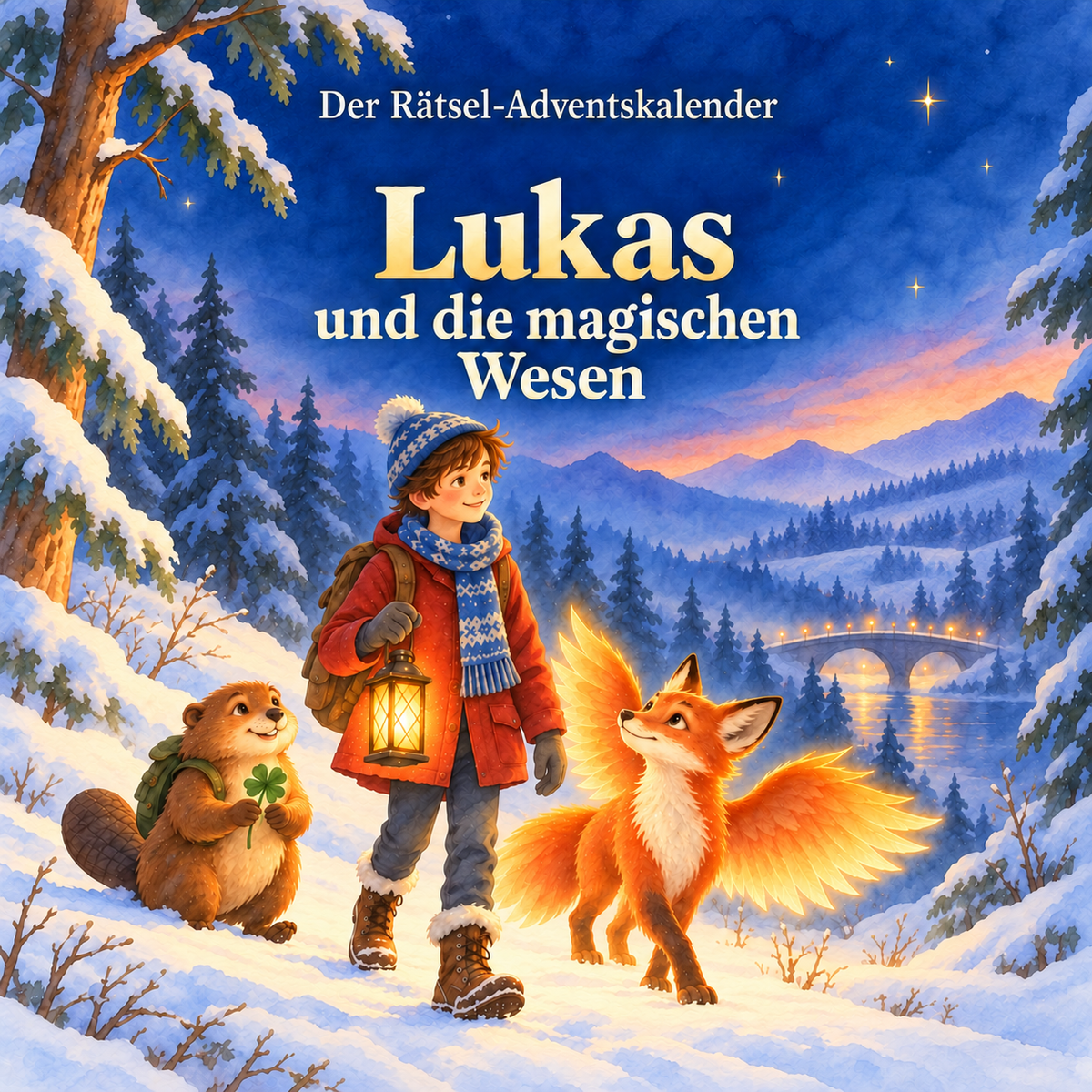 Titelbild „Lukas und die magischen Wesen“: Lukas mit Laterne und magischen Wesen im verschneiten Wald – KI-generierte Illustration.