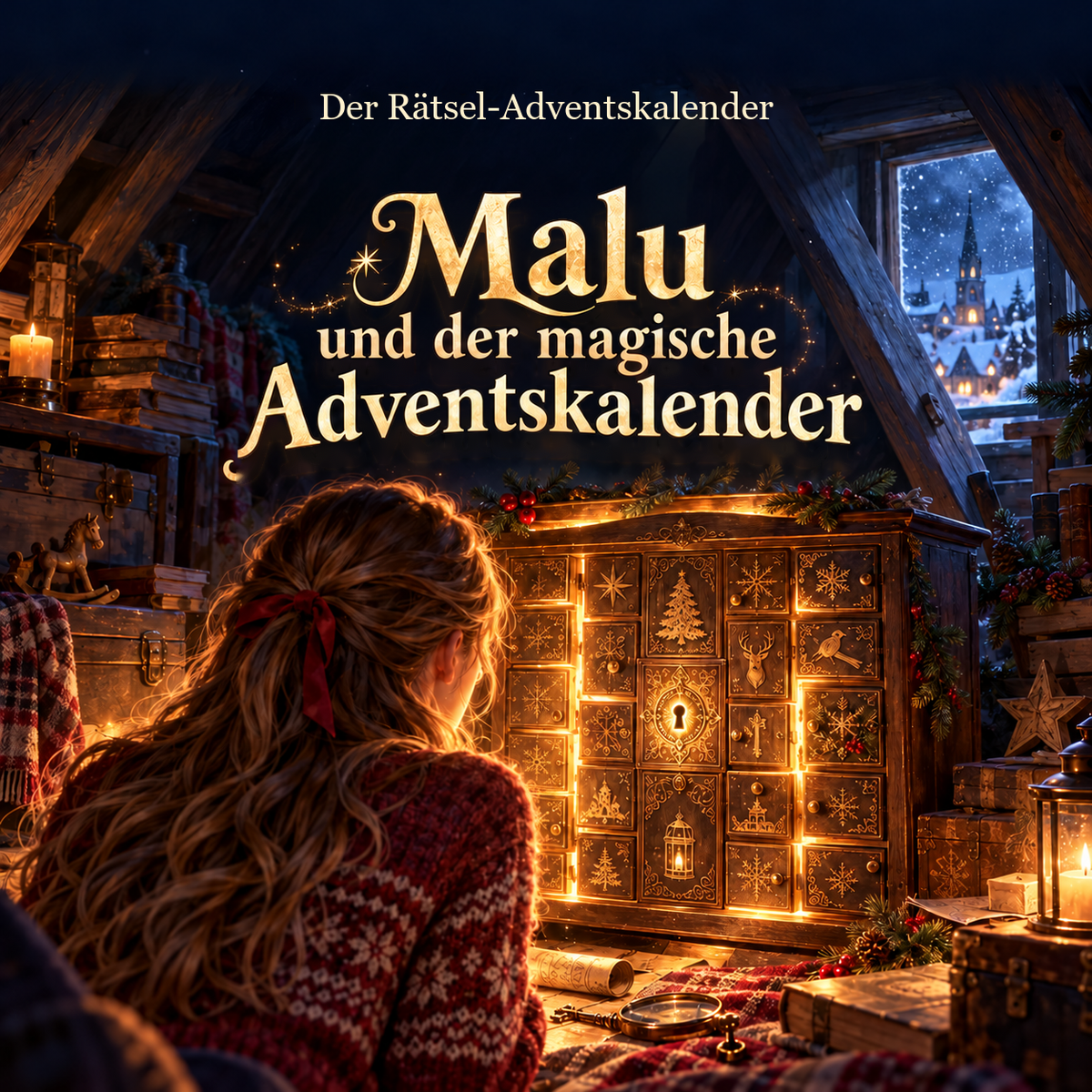 Titelbild „Malu und der magische Adventskalender“: Malu entdeckt einen leuchtenden Kalender auf dem Dachboden – KI-generierte Illustration.