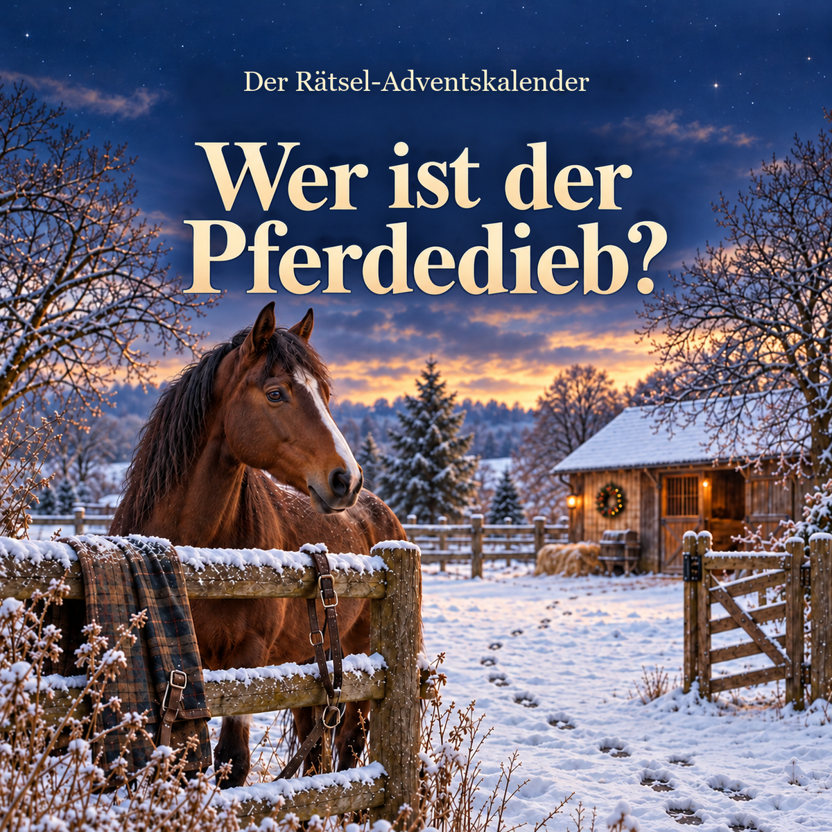 Titelbild „Wer ist der Pferdedieb?“: Adagio am verschneiten Reiterhof – KI-generierte Illustration.
